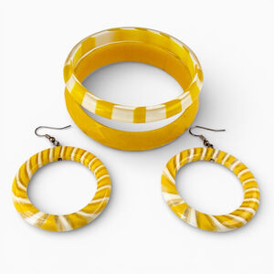 Vintage Lucite Jewelry Set, Two Bangle Bracelets, Hoop Earrings, Yellow White